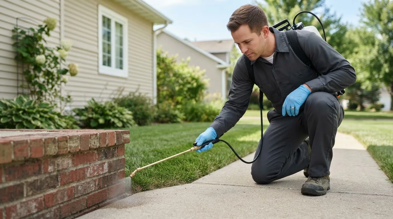 Pest control technician treating a home near Plano, TX